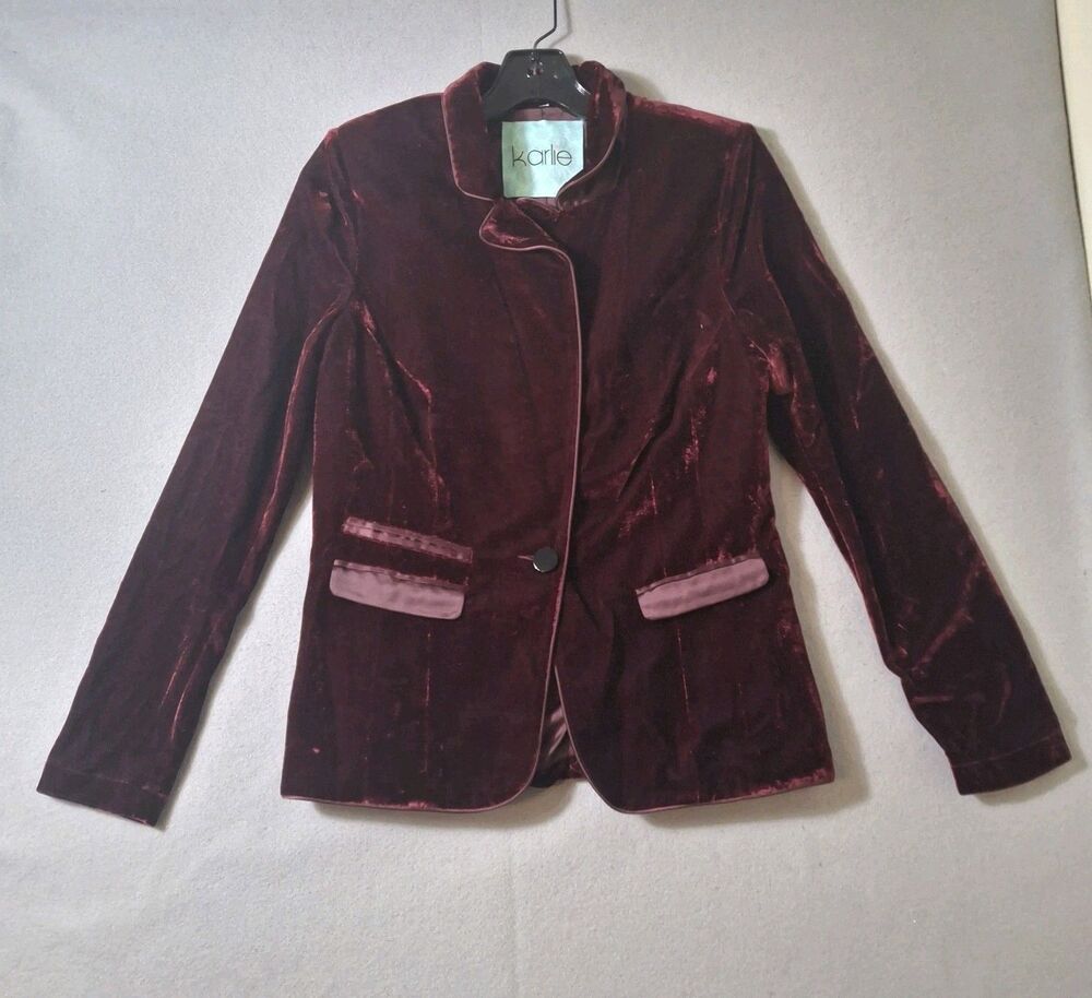 Karlie Burgundy Velvet Blazer Jacket Women's Size Medium Single Button Coat